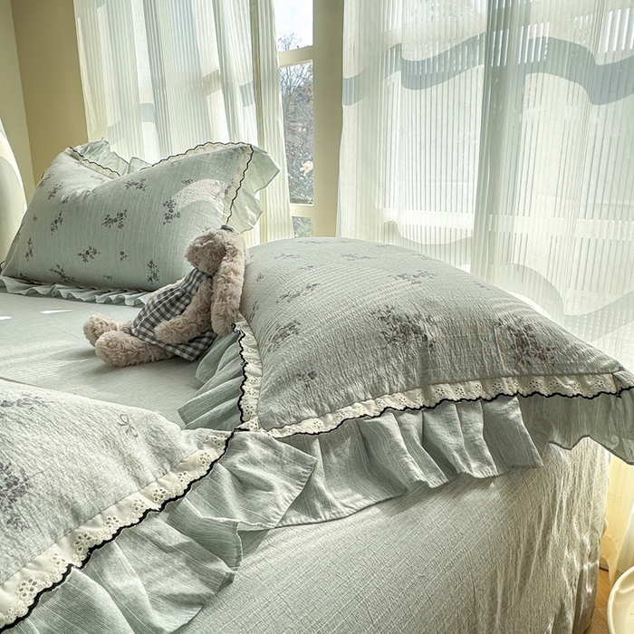 91家纺网 家纺一手货源 找家纺 大麦家纺 2026新款水洗色织棉麻花边四件套 繁花