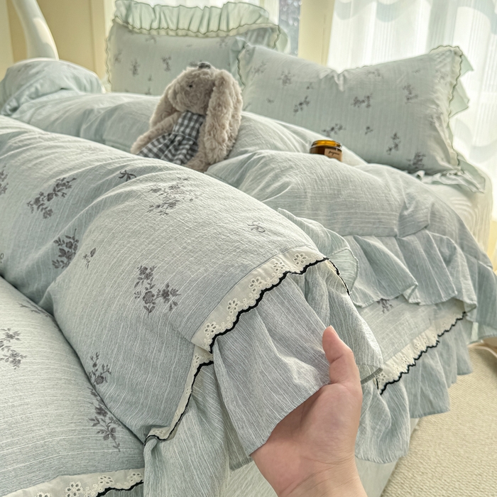 91家纺网 家纺一手货源 找家纺 大麦家纺 2026新款水洗色织棉麻花边四件套 繁花