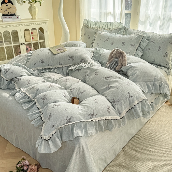 91家纺网 家纺一手货源 找家纺 大麦家纺 2026新款水洗色织棉麻花边四件套 繁花