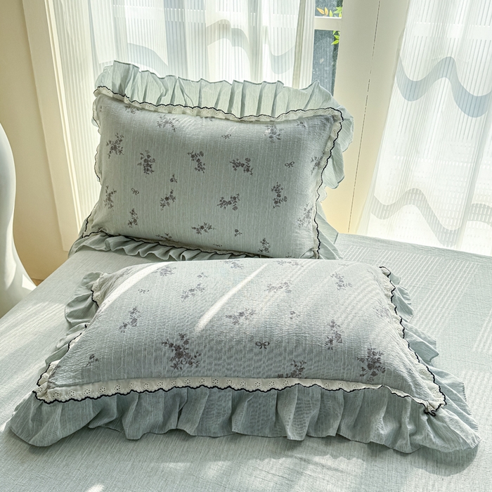 91家纺网 家纺一手货源 找家纺 大麦家纺 2026新款水洗色织棉麻花边四件套 繁花