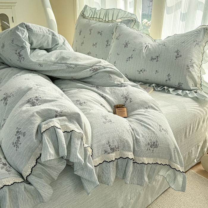 91家纺网 家纺一手货源 找家纺 大麦家纺 2026新款水洗色织棉麻花边四件套 繁花