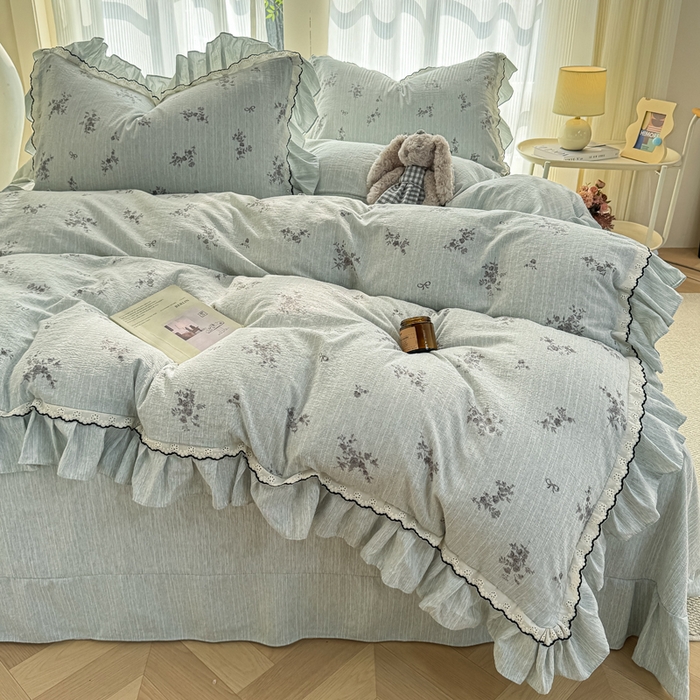 91家纺网 家纺一手货源 找家纺 大麦家纺 2026新款水洗色织棉麻花边四件套 繁花