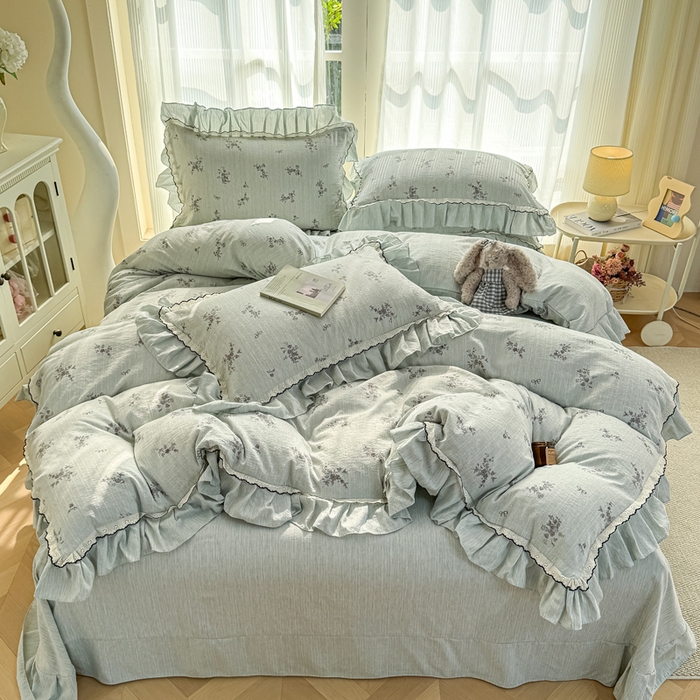 91家纺网 家纺一手货源 找家纺 大麦家纺 2026新款水洗色织棉麻花边四件套 繁花