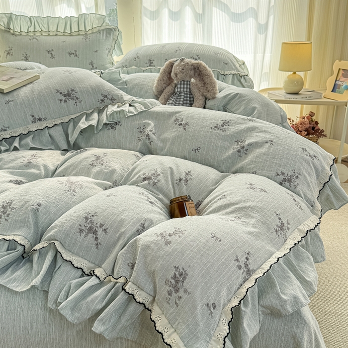 91家纺网 家纺一手货源 找家纺 大麦家纺 2026新款水洗色织棉麻花边四件套 繁花