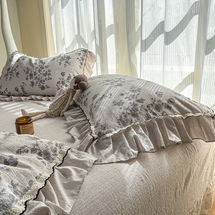 91家纺网 家纺一手货源 找家纺 大麦家纺 2026新款水洗色织棉麻花边四件套 繁花似锦