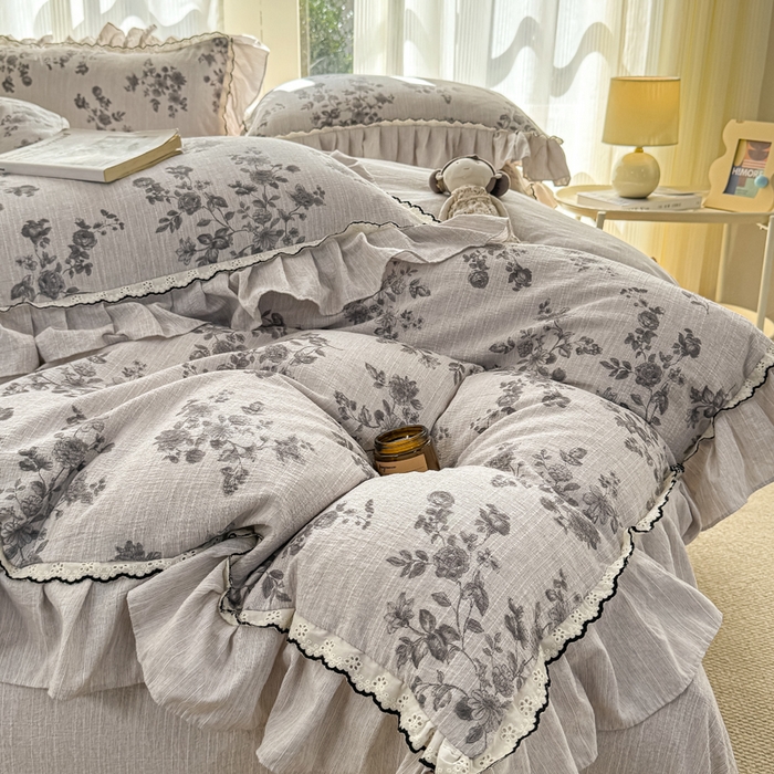 91家纺网 家纺一手货源 找家纺 大麦家纺 2026新款水洗色织棉麻花边四件套 繁花似锦