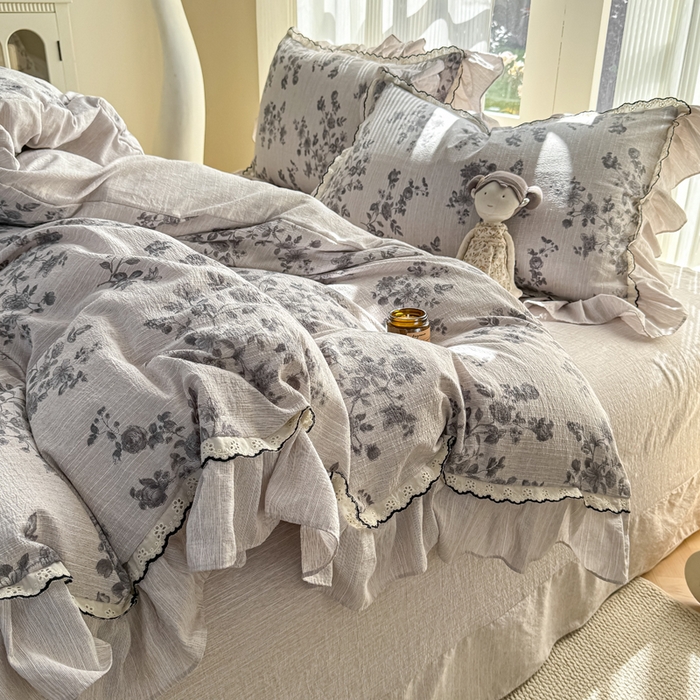 91家纺网 家纺一手货源 找家纺 大麦家纺 2026新款水洗色织棉麻花边四件套 繁花似锦