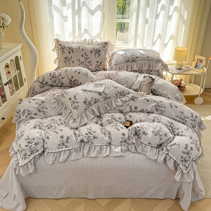 91家纺网 家纺一手货源 找家纺 大麦家纺 2026新款水洗色织棉麻花边四件套 繁花似锦