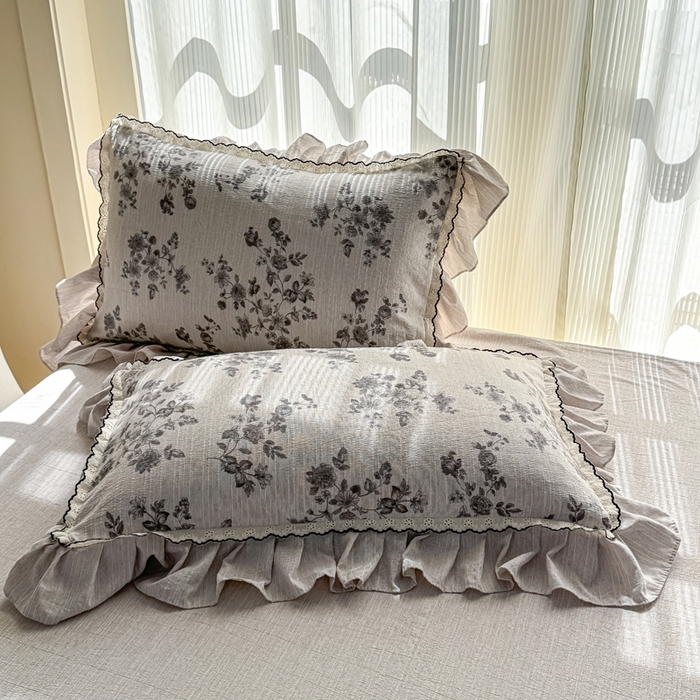 91家纺网 家纺一手货源 找家纺 大麦家纺 2026新款水洗色织棉麻花边四件套 繁花似锦