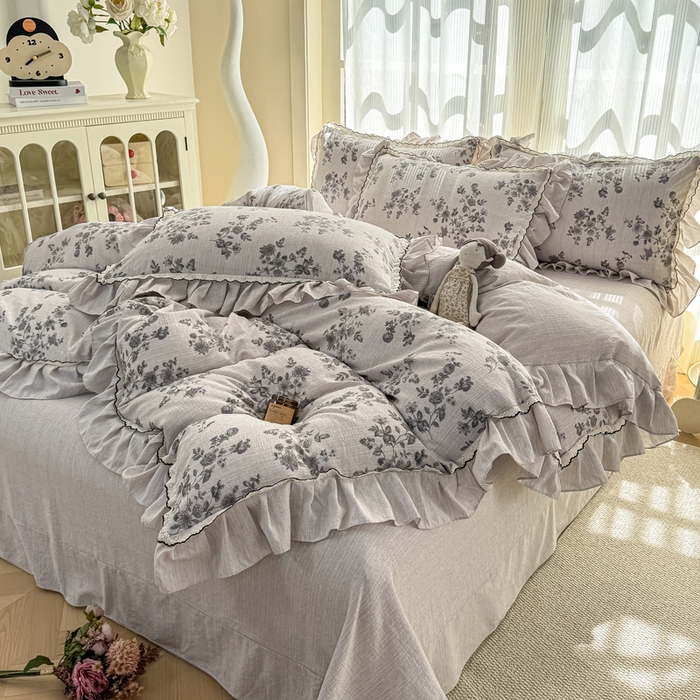 91家纺网 家纺一手货源 找家纺 大麦家纺 2026新款水洗色织棉麻花边四件套 繁花似锦