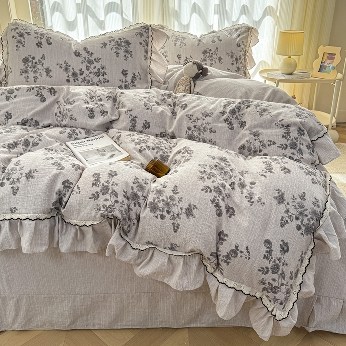 91家纺网 家纺一手货源 找家纺 大麦家纺 2026新款水洗色织棉麻花边四件套 繁花似锦