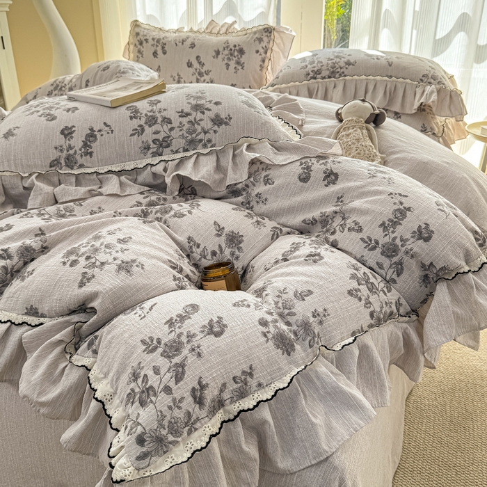 91家纺网 家纺一手货源 找家纺 大麦家纺 2026新款水洗色织棉麻花边四件套 繁花似锦