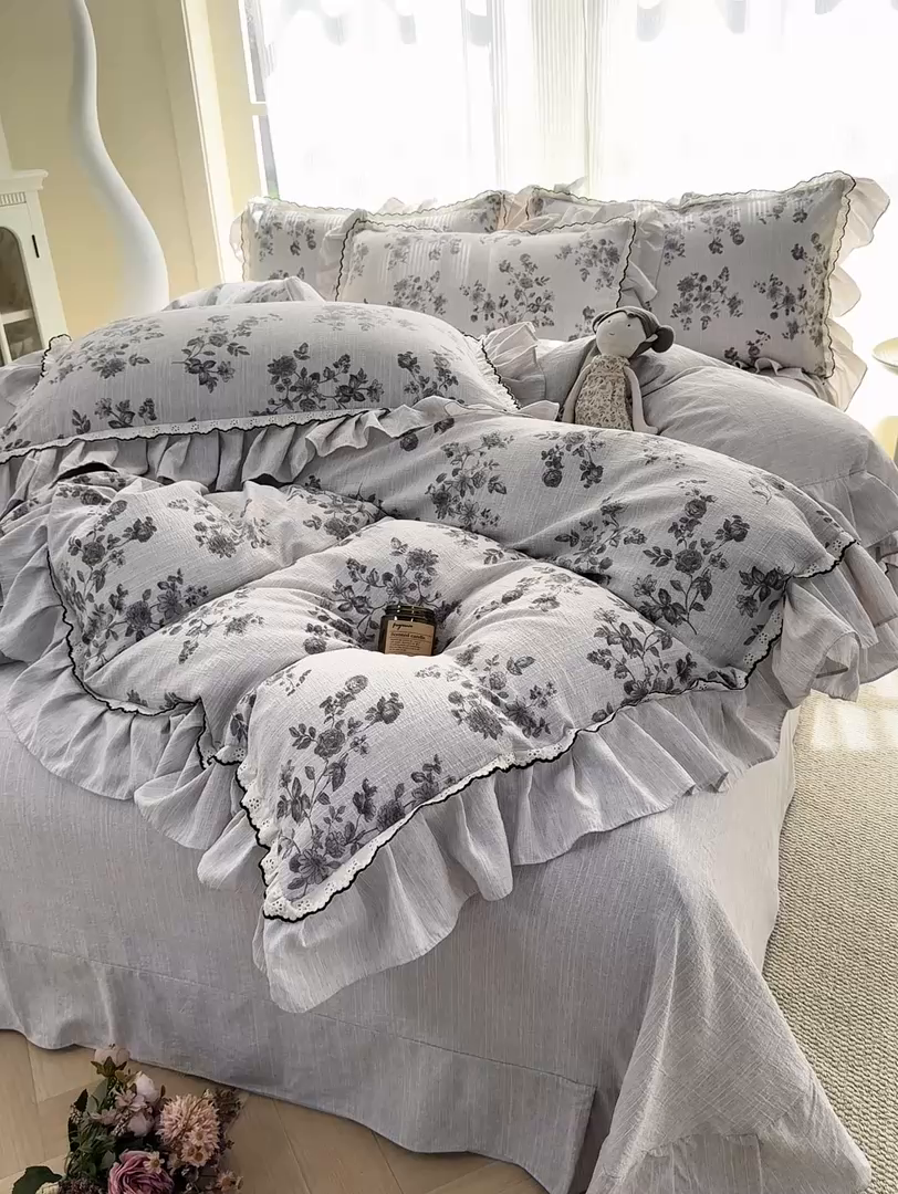 91家纺网 家纺一手货源 找家纺 大麦家纺 2026新款水洗色织棉麻花边四件套 繁花似锦