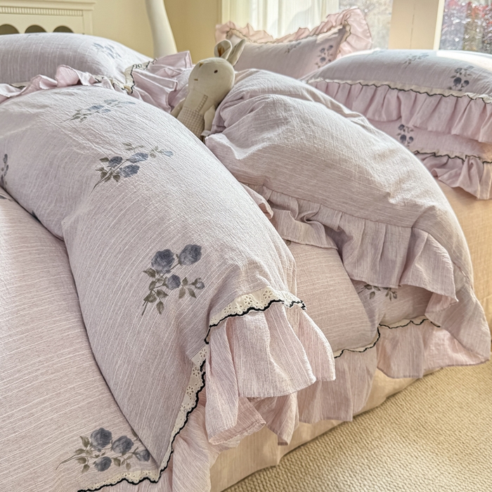 大麦家纺 2026新款水洗色织棉麻花边四件套 粉雾觅境