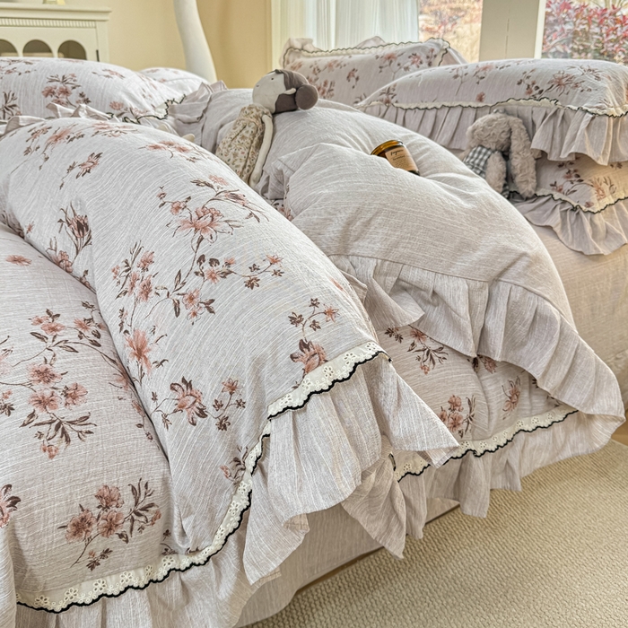 大麦家纺 2026新款水洗色织棉麻花边四件套 复古铃兰