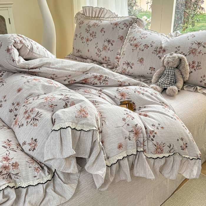 91家纺网 家纺一手货源 找家纺 大麦家纺 2026新款水洗色织棉麻花边四件套 复古铃兰