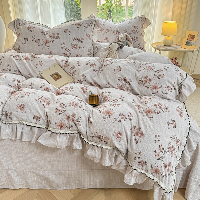 91家纺网 家纺一手货源 找家纺 大麦家纺 2026新款水洗色织棉麻花边四件套 复古铃兰