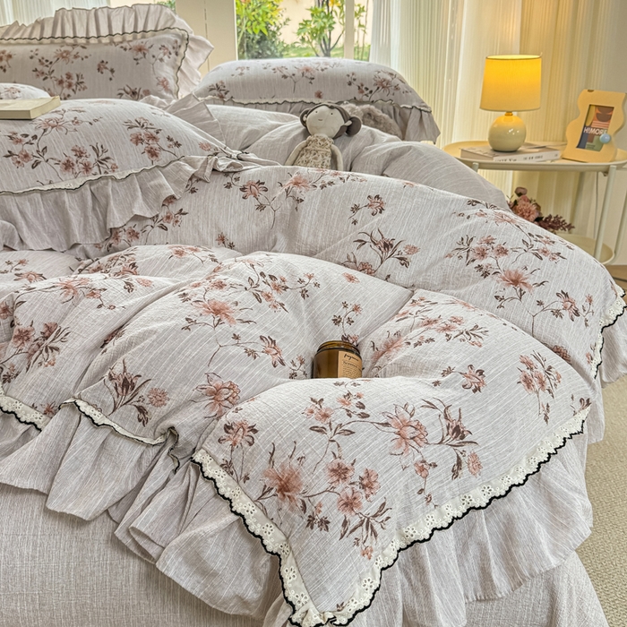 91家纺网 家纺一手货源 找家纺 大麦家纺 2026新款水洗色织棉麻花边四件套 复古铃兰