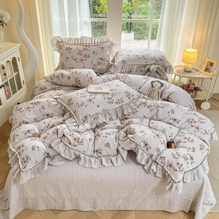 91家纺网 家纺一手货源 找家纺 大麦家纺 2026新款水洗色织棉麻花边四件套 复古铃兰