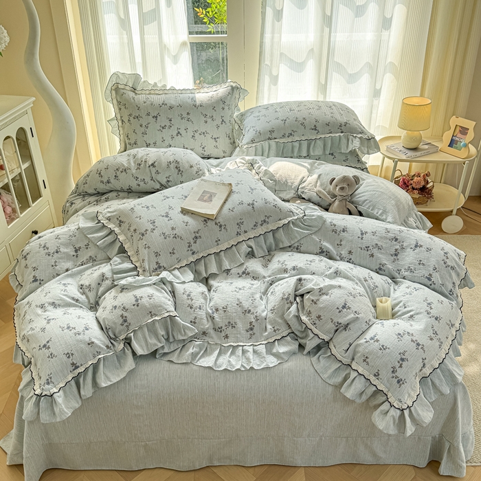 91家纺网 家纺一手货源 找家纺 大麦家纺 2026新款水洗色织棉麻花边四件套 花枝展招