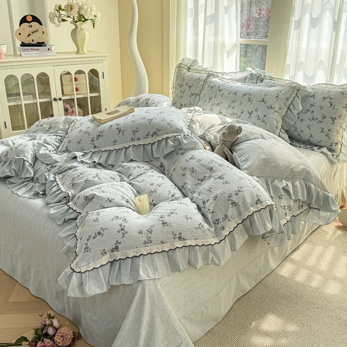 91家纺网 家纺一手货源 找家纺 大麦家纺 2026新款水洗色织棉麻花边四件套 花枝展招