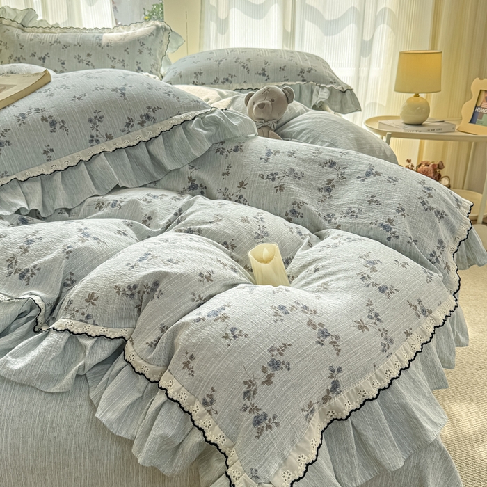 91家纺网 家纺一手货源 找家纺 大麦家纺 2026新款水洗色织棉麻花边四件套 花枝展招