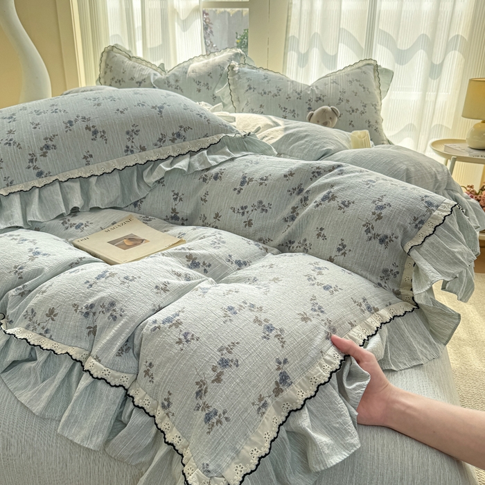 91家纺网 家纺一手货源 找家纺 大麦家纺 2026新款水洗色织棉麻花边四件套 花枝展招