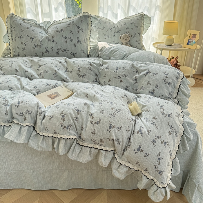 91家纺网 家纺一手货源 找家纺 大麦家纺 2026新款水洗色织棉麻花边四件套 花枝展招