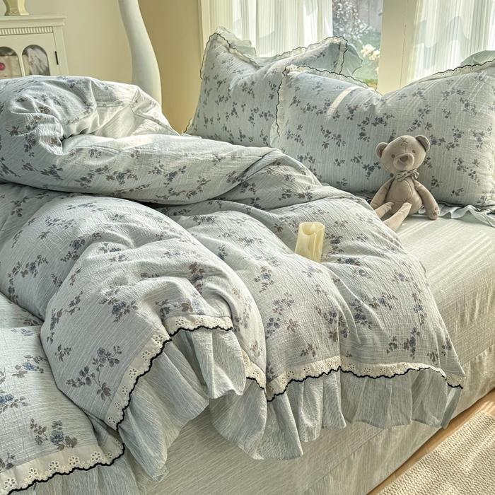 91家纺网 家纺一手货源 找家纺 大麦家纺 2026新款水洗色织棉麻花边四件套 花枝展招