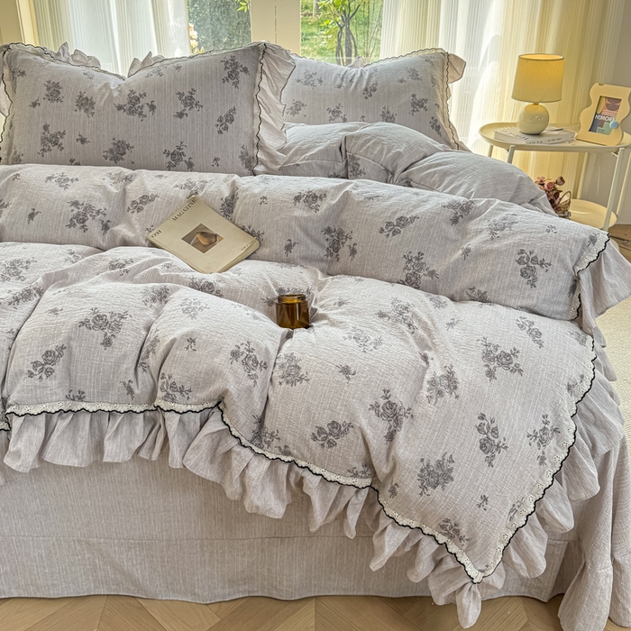 91家纺网 家纺一手货源 找家纺 大麦家纺 2026新款水洗色织棉麻花边四件套 玫瑰之吻