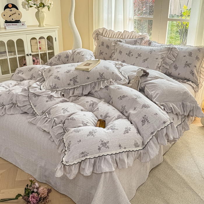 91家纺网 家纺一手货源 找家纺 大麦家纺 2026新款水洗色织棉麻花边四件套 玫瑰之吻