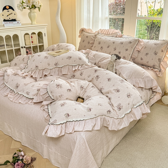 91家纺网 家纺一手货源 找家纺 大麦家纺 2026新款水洗色织棉麻花边四件套 梦初华