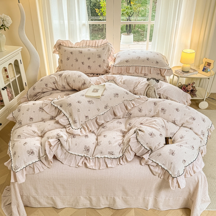 91家纺网 家纺一手货源 找家纺 大麦家纺 2026新款水洗色织棉麻花边四件套 梦初华