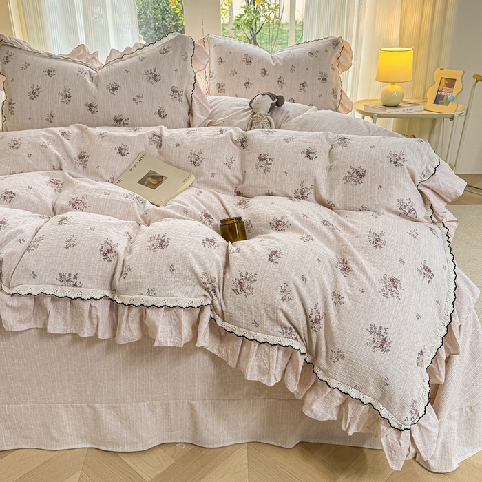 91家纺网 家纺一手货源 找家纺 大麦家纺 2026新款水洗色织棉麻花边四件套 梦初华