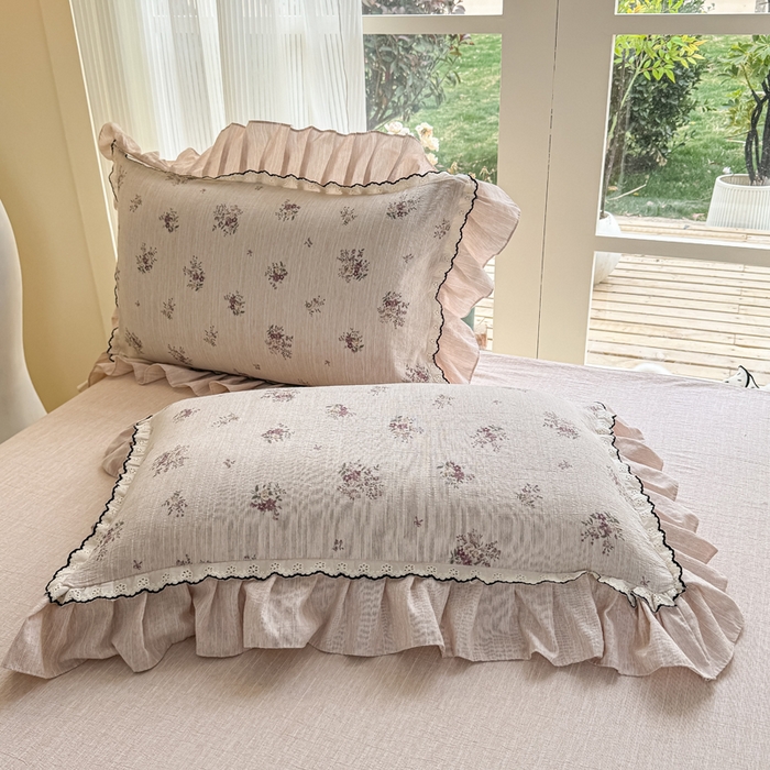 91家纺网 家纺一手货源 找家纺 大麦家纺 2026新款水洗色织棉麻花边四件套 梦初华