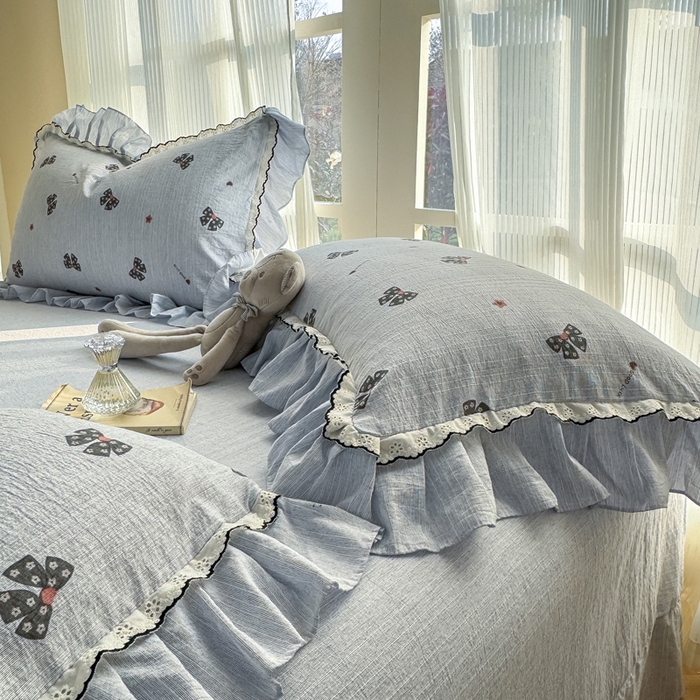 91家纺网 家纺一手货源 找家纺 大麦家纺 2026新款水洗色织棉麻花边四件套 梦蝴蝶