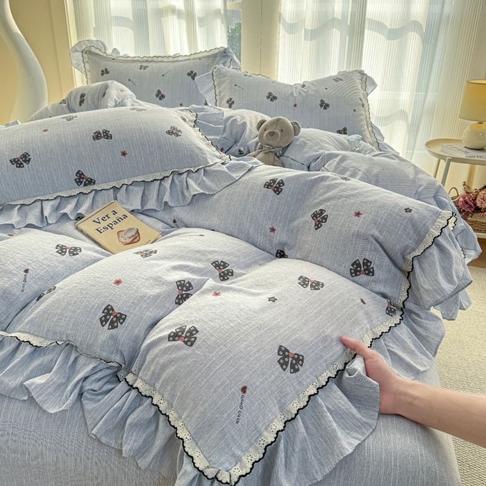 91家纺网 家纺一手货源 找家纺 大麦家纺 2026新款水洗色织棉麻花边四件套 梦蝴蝶