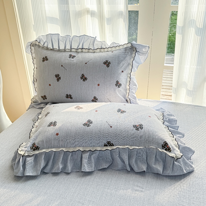 91家纺网 家纺一手货源 找家纺 大麦家纺 2026新款水洗色织棉麻花边四件套 梦蝴蝶