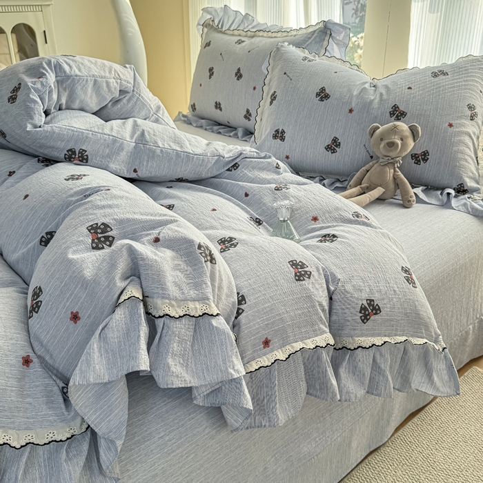 91家纺网 家纺一手货源 找家纺 大麦家纺 2026新款水洗色织棉麻花边四件套 梦蝴蝶