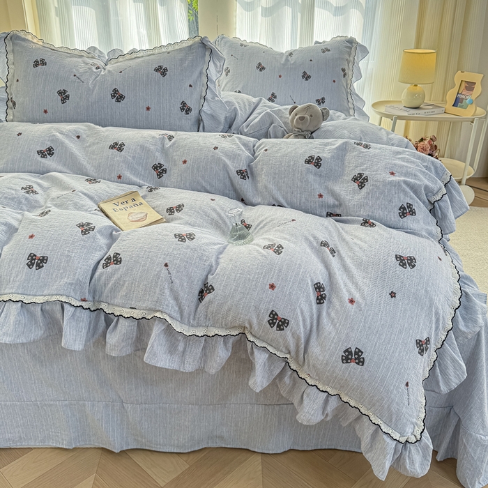 91家纺网 家纺一手货源 找家纺 大麦家纺 2026新款水洗色织棉麻花边四件套 梦蝴蝶