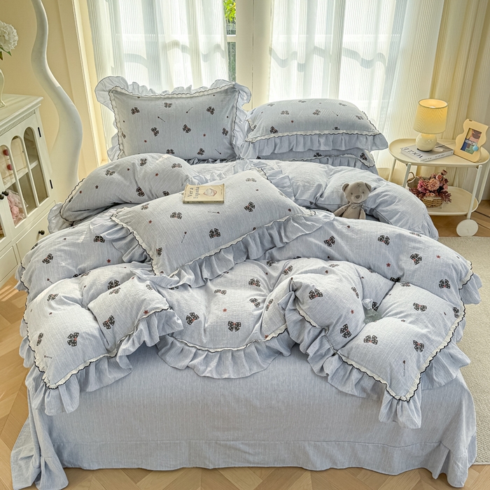 91家纺网 家纺一手货源 找家纺 大麦家纺 2026新款水洗色织棉麻花边四件套 梦蝴蝶