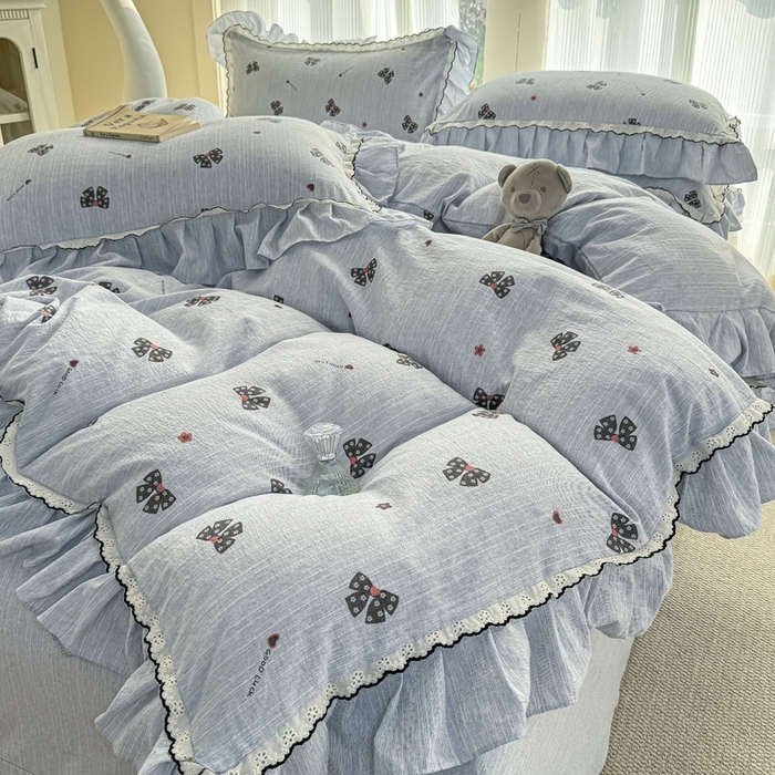 91家纺网 家纺一手货源 找家纺 大麦家纺 2026新款水洗色织棉麻花边四件套 梦蝴蝶