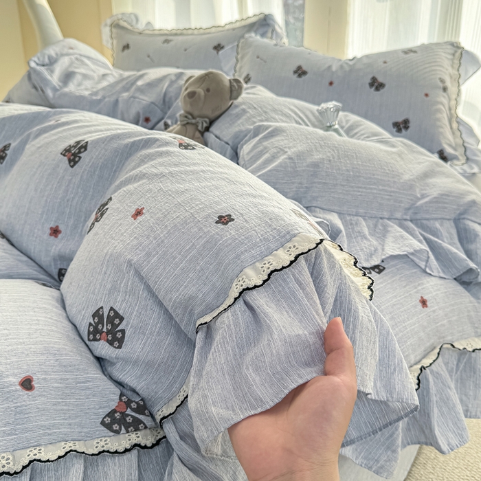 91家纺网 家纺一手货源 找家纺 大麦家纺 2026新款水洗色织棉麻花边四件套 梦蝴蝶