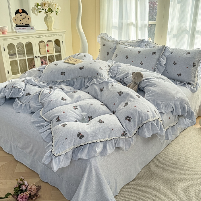 91家纺网 家纺一手货源 找家纺 大麦家纺 2026新款水洗色织棉麻花边四件套 梦蝴蝶