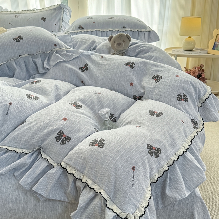 91家纺网 家纺一手货源 找家纺 大麦家纺 2026新款水洗色织棉麻花边四件套 梦蝴蝶