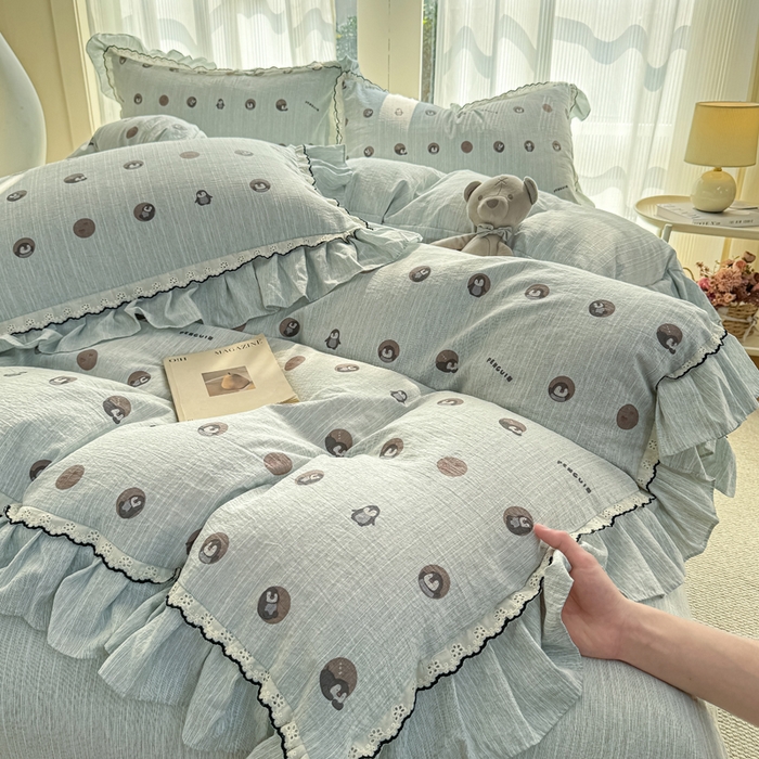 91家纺网 家纺一手货源 找家纺 大麦家纺 2026新款水洗色织棉麻花边四件套 企鹅时光