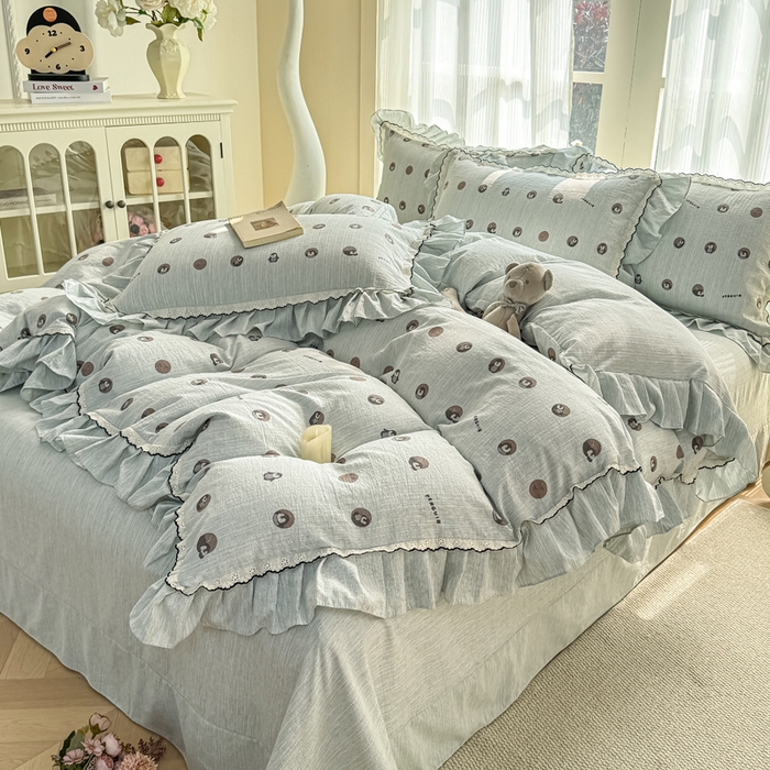 91家纺网 家纺一手货源 找家纺 大麦家纺 2026新款水洗色织棉麻花边四件套 企鹅时光