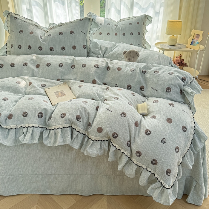 91家纺网 家纺一手货源 找家纺 大麦家纺 2026新款水洗色织棉麻花边四件套 企鹅时光