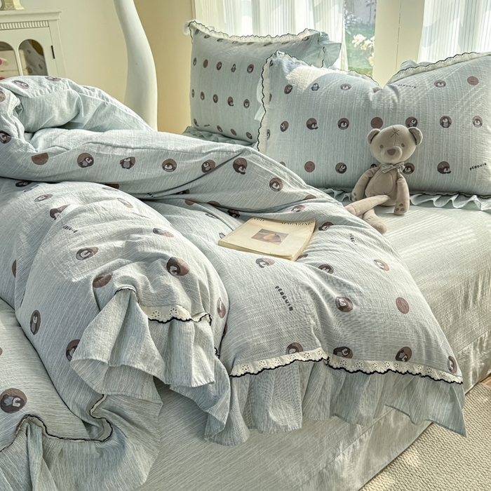 91家纺网 家纺一手货源 找家纺 大麦家纺 2026新款水洗色织棉麻花边四件套 企鹅时光