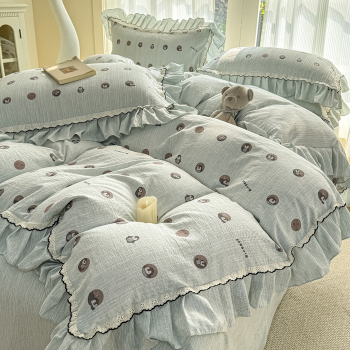 91家纺网 家纺一手货源 找家纺 大麦家纺 2026新款水洗色织棉麻花边四件套 企鹅时光